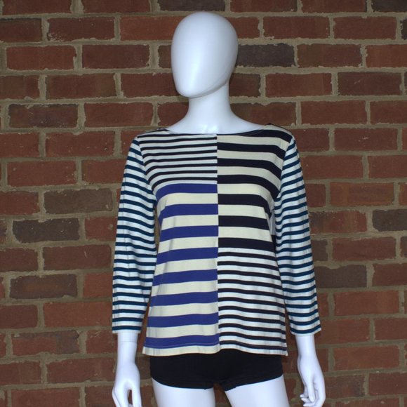 J. Crew | Patchwork Striped 3/4 Sleeve Shirt | Blue-White-Cream | F1456 | Size M - Picture 7 of 11